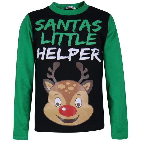 Boys Girls Kids Pyjamas Santa Little Helper Green Contrast Sleeves Xmas PJS 2-13