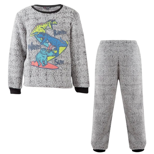 A2Z 4 Kids Girls Boys Grey Pyjamas Dinosaur 2 Piece Soft Thick Pile Fleece Set