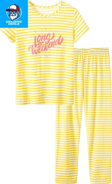 Pajamas for Girls Size 6-16 Pants & Long Sleeve Jammies Glitter Heart & Stripe T
