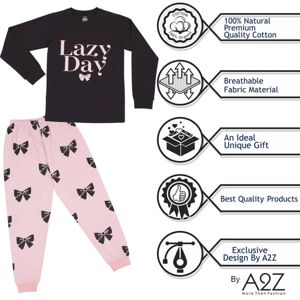 Kids Girls Pyjamas Black Lazy Day Print Contrast Cotton PJs Set Lounge Suit 5-13