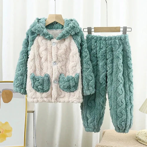 Winter Flannel Pajamas Sets Baby Boys Girls Clothes Warm Hooded Sleepwear Pijama