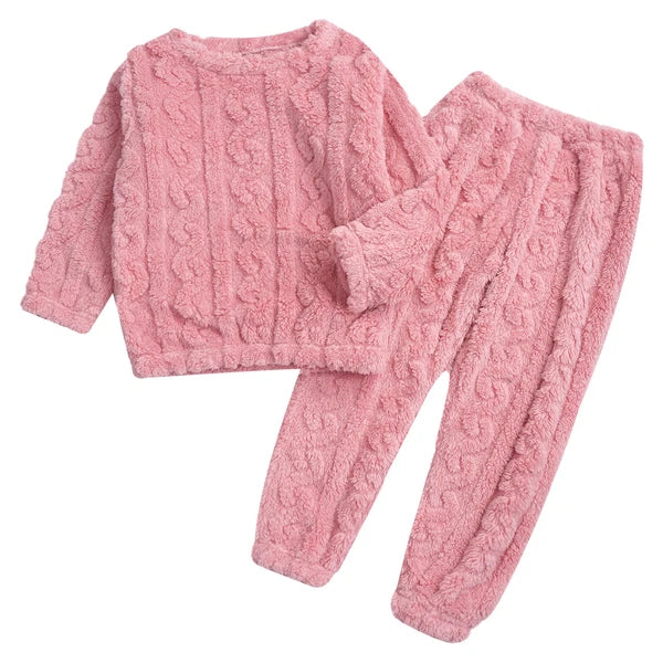 Kids Girls Pajamas Solid Color Set With Pants Outfits Nightwear Round Neck Tops