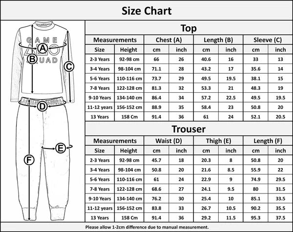 Kids Girls Boys Black Game Squad Cosplay Pyjamas Sleepwear PJs 2 Piece Set