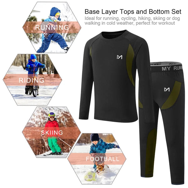 Kids Thermal Underwear Set Soft Fleece Lined Long Johns Warm Baselayer For Ski