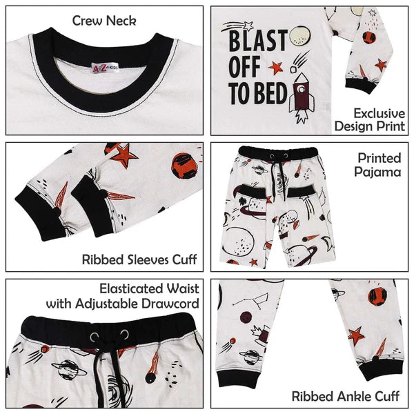 Boys Rocket Spaceship Blast Off Pyjamas Children PJs 2 Piece Kids Sleepwear Set