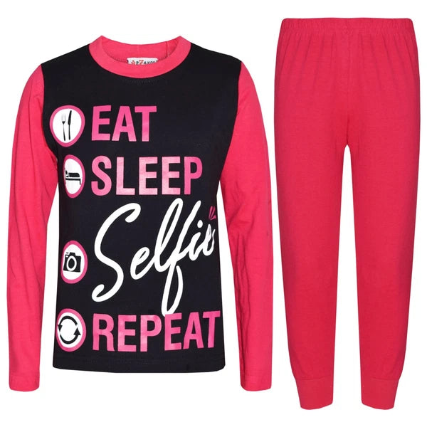 Kids Girls Boys Designer Eat Sleep Selfie Repeat Pyjamas Lounge Wear PJS 2-13 Yr