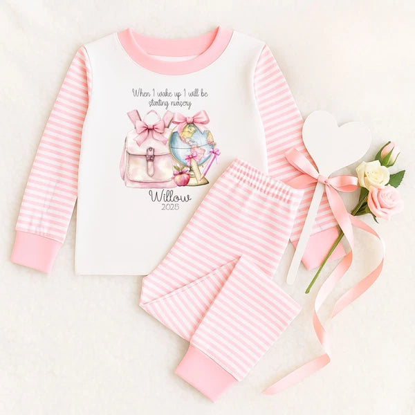 Personalised When I Wake Up I Will Be Starting School Nursery Bows, Girl Pyjamas