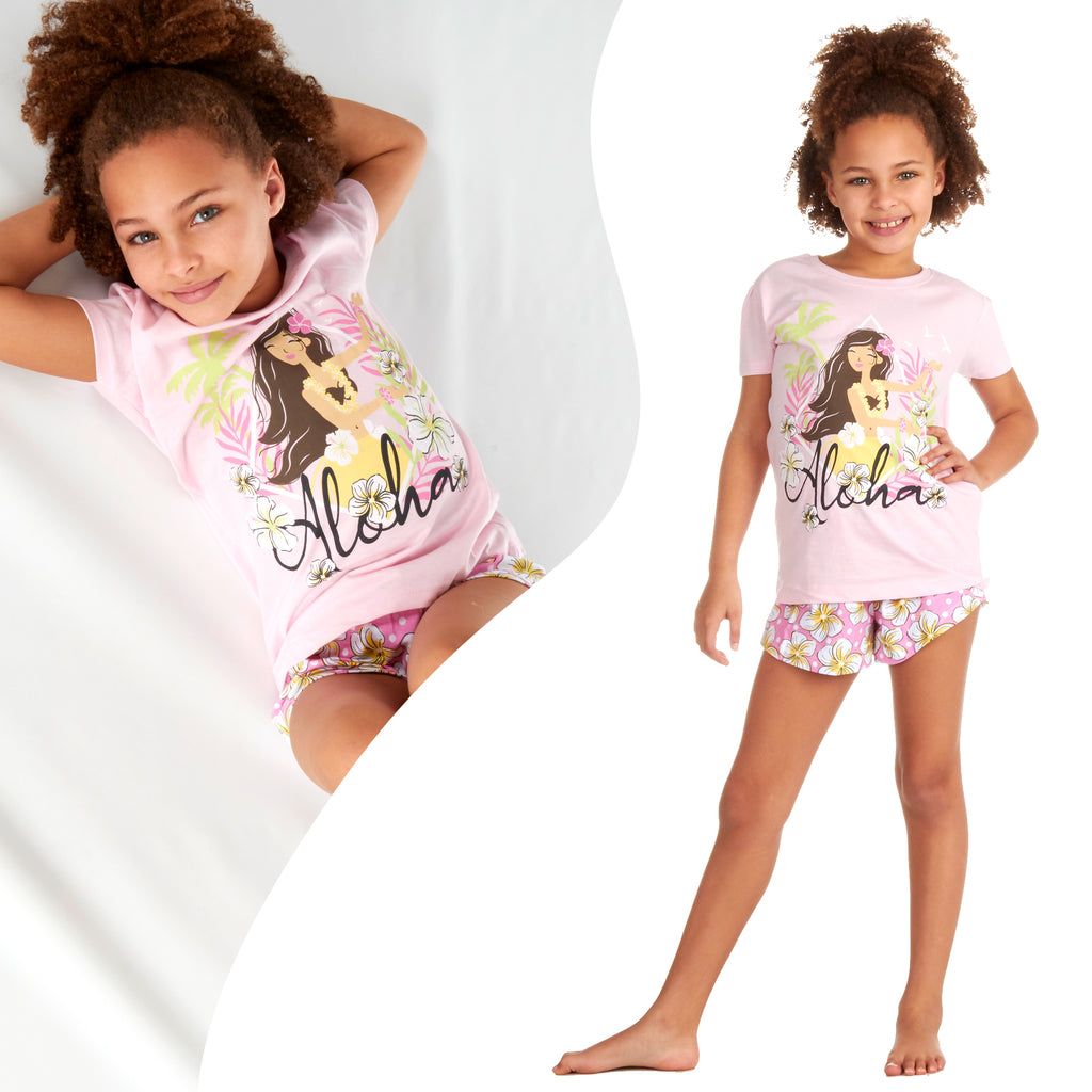 Kids Girls Shorty Pyjamas 2 Piece Pyjama Set 100% Cotton Short Sleeve 2-13 Years