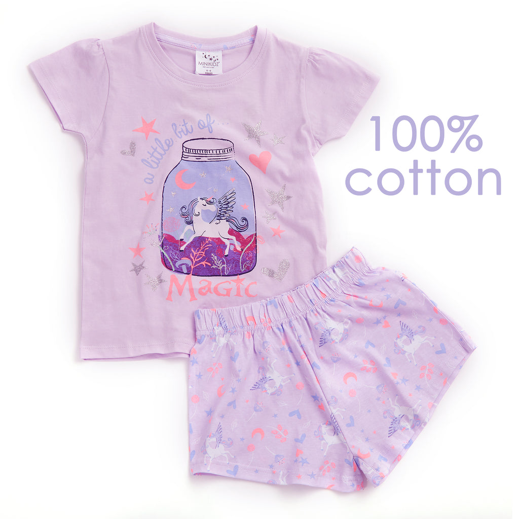 Girls Short Pyjamas Kids Jersey Summer Short Sleeved Pyjama Set Nightwear PJs UK